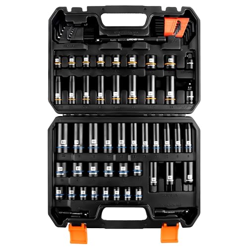 LLNDEI 3/8 inch Drive 12 Point Socket Set 71 Piece,SAE(5/16-3/4in) and Metric(8-22mm),Deep & Shallow,CR-V.With Drill Socket Adapter & Extension Bar 3/8 in,Hex Key Set 12Pt Can Also Be Used on 6pt