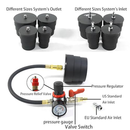 Turbo System Leakage Tester Kit, Turbo Pressure Leakage Tester for Cooling Emissions Exhaust Pipes, 9-Piece Turbo Boost Leak Tester Set with Stepped Adapters 1-3/8" to 3-1/2"