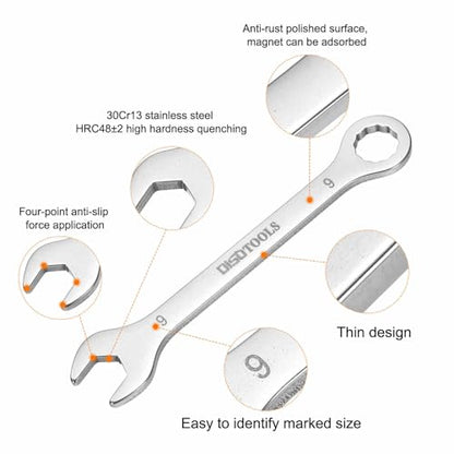 HARFINGTON 2pcs Thin Combination Wrench 9mm Offset 6-Point Ended Box & 15° Angled Open End Mini Combination Wrench 30Cr13 Stainless Steel Quenching Polish Metric Spanner for Auto Repairs - size: 9mm