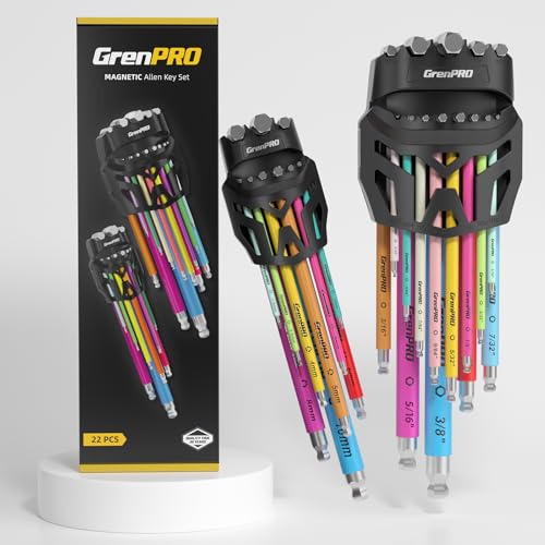 GRENPRO Allen Wrenches Sets, Hex Key Set, 22pcs Allan Wrench Sets Metric And Standard & SAE Color Coded Bike Wrench Tools Organizer With Bit Set And Adapter, Long Large Small Ball End Allen Wrench Set - style: 22 Pieces Allen Wrenches Sets Metric & SAE