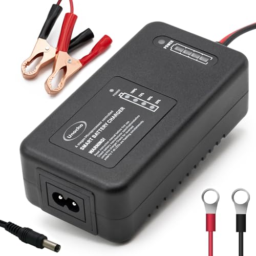 Unocho 14.6V 4A LiFePO4 Battery Charger 4-Stage Smart Charger Maintainer for 12.8V Lithium Iron Phosphate Batteries, BMS Wake-Up, LED Indicator, Clips and Ring Terminals