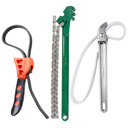 3 Piece Wrench Set:16" Heavy Duty Ratcheting Chain Wrench,12" Aluminum Nylon Strap &6" Rubber Strap Wrench Plumbing,Non-Slip,Complete Spanner Tool Kit for Oil Filter& Household - size: 3-Piece Set