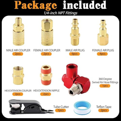 22 Pcs Quick Connect Hose Fittings 1/4" NPT Air Coupler & Plug Kit,360 Degree Swivel Hose Fittings,Air Compressor Accessories - size: Copper-plated alloy