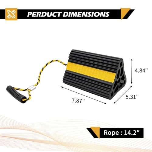 Vacallity Solid Rubber Wheel Chock for Travel Trailers Camper RV Truck Car, Sturdiness Heavy Duty Simple Easy to use, Tires Chock Block Stopper with Nylon Rope Yellow Reflective Tape - size: 8.2" 1pair