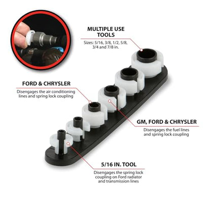 Performance Tool W83149 Universal A/C & Fuel Line Disconnect Set | 6-Piece A/C and Fuel Line Quick Disconnect Tool for supporting automotive installation, service, or repair, made from plastic