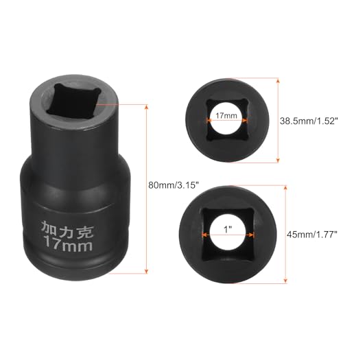 HARFINGTON 4 Point Square Socket 1" Drive by 17mm Metric Square Impact Socket 40CR Blackening Standard Wheel Sockets Pneumatic Socket Tool for Auto Repair Mechanical Maintenance Home Use - size: 17mm