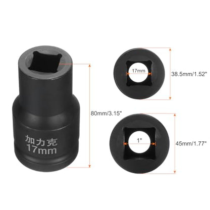 HARFINGTON 4 Point Square Socket 1" Drive by 17mm Metric Square Impact Socket 40CR Blackening Standard Wheel Sockets Pneumatic Socket Tool for Auto Repair Mechanical Maintenance Home Use - size: 17mm