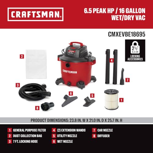 CRAFTSMAN CMXEVBE18695 16 Gallon 6.5 Peak HP Wet Dry Shop Vacuum - size: 16 Gallon 6.5 Peak HP w/Diffuser