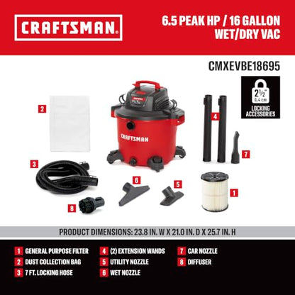 CRAFTSMAN CMXEVBE18695 16 Gallon 6.5 Peak HP Wet Dry Shop Vacuum - size: 16 Gallon 6.5 Peak HP w/Diffuser
