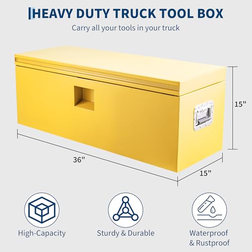 Industrial Steel Truck Tool Box w/Gas-Shock Lid, Pry-Resistant Security & Weatherproofing Toolbox Organizer Chest Fits Pickup, Truck Bed, RV, Trailer - color: Yellow, size: 15X15X36 inch