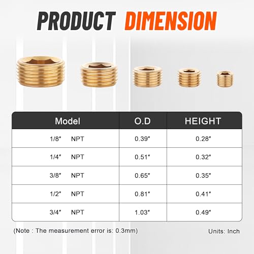 35Pcs Brass Pipe Plug Fitting Assortment Kit,1/8" 1/4" 3/8" 1/2" 3/4" NPT Male Internal Hex Thread Socket Pipe Plug Set,5 Sizes