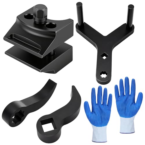 5 Pcs Suspension Tool Set, Strut Spreader Tool & Lower Control Arm Prying Tools, Protective Gloves, Ball Joint Removal Tools for FWD, Import & Domestic Vehicles, Heavy Duty Steel for Automotive Repair