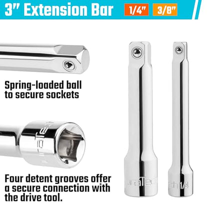 DURATECH 3-IN-1 Stubby Ratchet, 1/4", 3/8", 1/2", with 2 Extension Bars | 72-Tooth, Reversible Switch, Full-Polished Chrome Plating, Alloy Steel - style: Stubby Ratchet Set