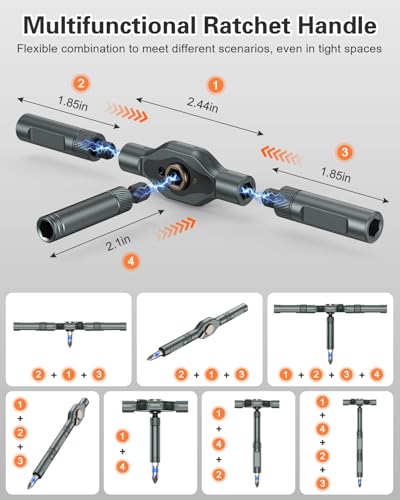 Bomivoi 34 in 1 Magnetic Screwdriver Set, Ratcheting Screwdriver Set with 1/4″ Socket Adapter, 24 Bits & 7 Hex Sockets, Modular Handle, DIY Tool Kit for Furniture, Appliance, Bicycle, Auto Repairs