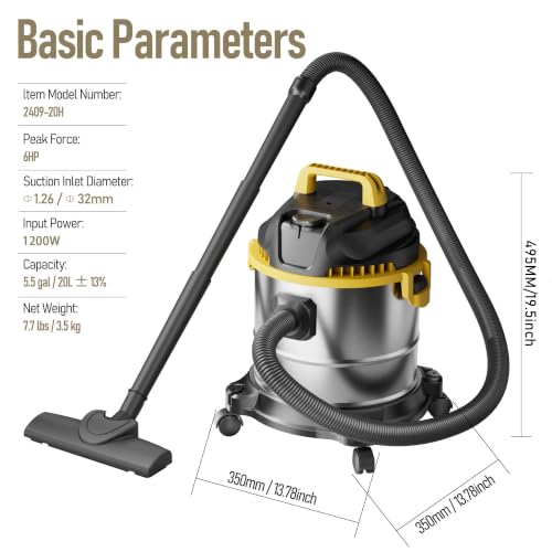 5 Gallon Wet Dry Vacuum Cleaner, Stainless Steel Shop Vacuum with Blower Function, Powerful Suction for Dust, Debris & Liquid, Ideal for Garage, Workshop, Home, Car, Pet Hair & Pool Cleaning