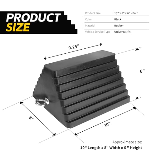 MaxxHaul Rubber Wheel Chock 2 Pack, Large 10" x 8" x 6" Heavy Duty Tire Stop with Non Slip All Weather Grip, Oil Resistant Rubber Block with Steel Eyebolt for Vehicle and Trailer Safety (80681) - size: MaxxHaul 80681- 10" x 8" x 6"