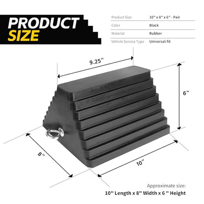 MaxxHaul Rubber Wheel Chock 2 Pack, Large 10" x 8" x 6" Heavy Duty Tire Stop with Non Slip All Weather Grip, Oil Resistant Rubber Block with Steel Eyebolt for Vehicle and Trailer Safety (80681) - size: MaxxHaul 80681- 10" x 8" x 6"