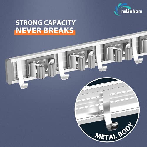 reliahom Broom Holder Wall Mount Mop Hanger Tools organizer 4Racks 5Hooks | Adjustable Mop Broom Wall Hanging Heavy duty Tools Storage Rack Space-saving for Garage,Kitchen,Laundry Room,Garden, Silver - color: Silver