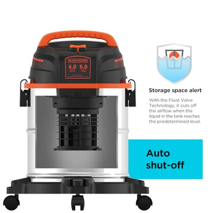 BLACK+DECKER Shop Vacuum Wet and Dry, 5 Gallon 3-in-1 Stainless Steel Shop Vac with Accessories, 4 HP Vacuum Cleaner, for Workshop, Home, Garage and Pet, BDXV18143 - size: 5 Gallon 4 HP