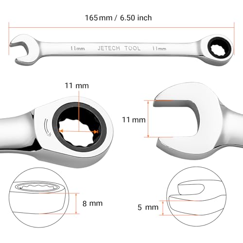 Jetech 11mm Ratchet Wrench, Ratcheting Combination Wrench Metric, Industrial Grade Gear Spanner with 12-Point Design, 72-Tooth Ratchet, Chrome Vanadium Steel - size: 11mm