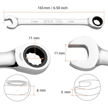 Jetech 11mm Ratchet Wrench, Ratcheting Combination Wrench Metric, Industrial Grade Gear Spanner with 12-Point Design, 72-Tooth Ratchet, Chrome Vanadium Steel - size: 11mm