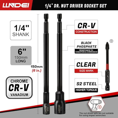 LLNDEI 1/4" Drive Socket Set & Nut Driver Set 38PCS,1/4-Inch Sockets Deep&Shallow SAE 5/32" to 9/16" with Ratchet, Hex Shank 6" Long Nut Drivers(1/4" to 9/16") for Drill Bits(PH1 PH2) - size: 38PCS SAE