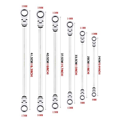 BULLTOOLS 6-Piece Flex-Head Extra Long Ratcheting Wrenches Double Box End Chrome Vanadium Steel 72-Tooth Wrench Set with Metric 8mm - 19mm - size: 8mm-19mm SET