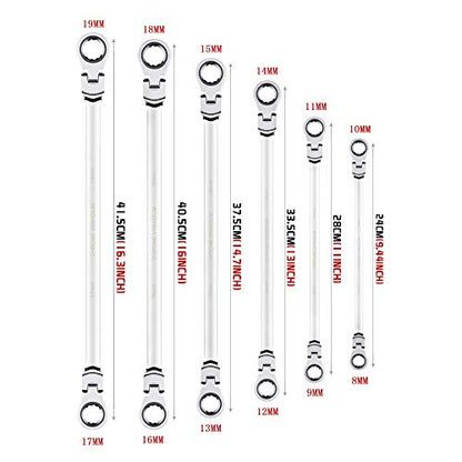 BULLTOOLS 6-Piece Flex-Head Extra Long Ratcheting Wrenches Double Box End Chrome Vanadium Steel 72-Tooth Wrench Set with Metric 8mm - 19mm - size: 8mm-19mm SET