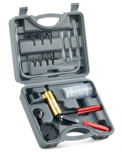 OMT One-Man Brake Bleeding Kit with Hand Vacuum Pump and Dial Gauge, Gray | High Grade Aluminum Alloy Fluid Evacuation System; Resilient PVC Tubing and Connectors; Great for Multi-Vehicle Servicing - color: Gray