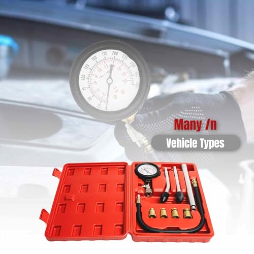 PMD Products Engine Cylinder Compression Tester Kit with Extender Tubes, 5 Spark Plug Adapters (M10, M12, M14, M16, M18), Dual Scale Compression Gauge, and Quick Check Rubber Cones