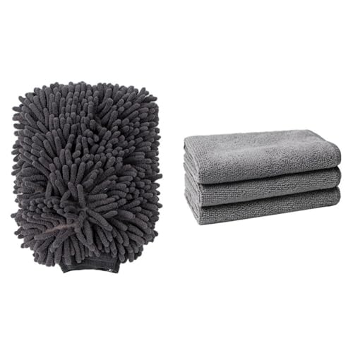 Microfiber Cleaning Cloths Car Wash Mitt and Towel Set - Super Absorbent Scratch-Free Cleaning Cloths & Glove for Auto Detailing Interior and Exterior Care - color: Grey