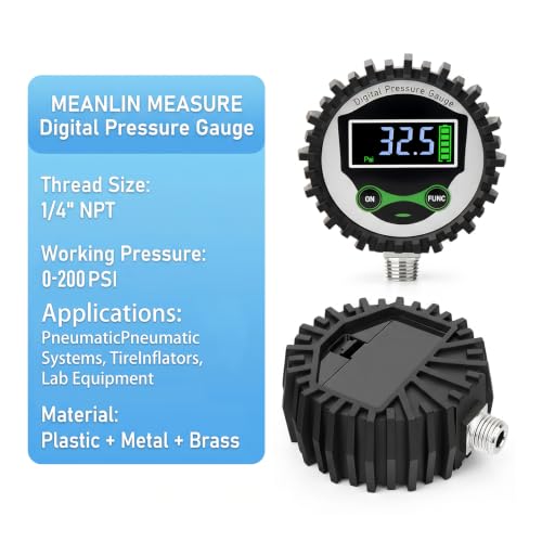 MEANLIN MEASURE Digital Pressure Gauge 0-200 PSI, 1/4" NPT Lower Mount Pressure Gauge with Rubber Protective Cover, Suitable for Pneumatic System, Tire Inflator Pump Air Pressure Measurement - size: 0-200 PSI