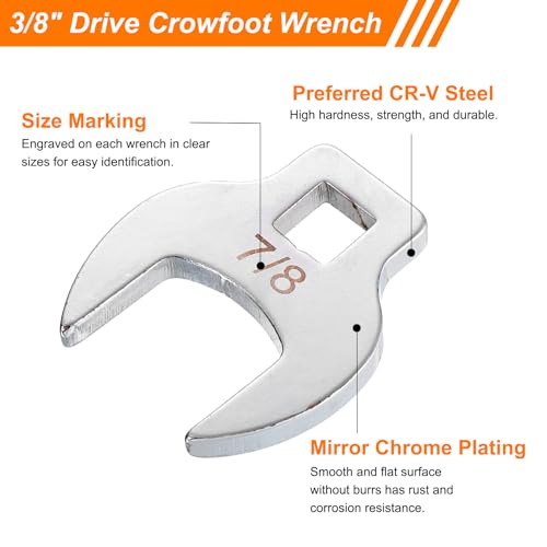 HARFINGTON 8pcs Drive Crowfoot Wrench Set 3/8" Crowfoot Flare Nut Wrench Set 3/8" - 7/8" Drive Fractional Crowfoot Wrench with Clip-on Organizer for Mechanics Automotive Repair Work