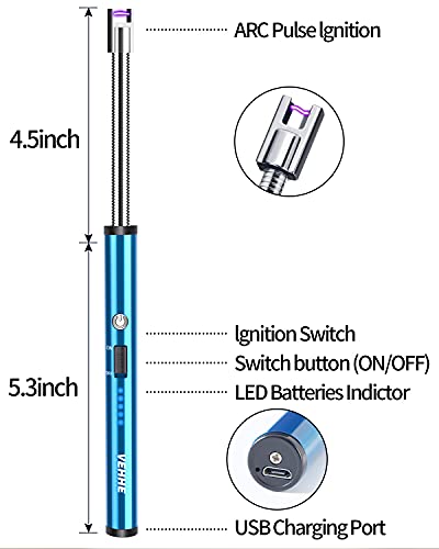 VEHHE Rechargable Lighter, Electric USB with LED Battery Display Safety Switch Longer Flexible Neck Arc Candle Lighter for Camping Cooking BBQs - color: Blue