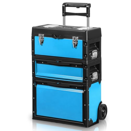 Magshion Heavy-Duty Rolling Tool Box, 3-Tier Stackable Tool Chest System with Wheels & Drawers, Modular Organizer for Small Parts and Tools, Mobile Garage Workshop Storage in Black/Blue - color: Black/Blue
