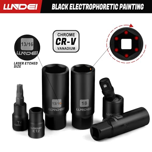 LLNDEI 3/8" Drive Spark Plug Socket Set, SAE 5/8", 3/4", 13/16", 24Pcs | Metric 14mm, 18mm, Spark Plug Socket, Include 2 Extension Bar, Universal Joint ADA, CR-V Steel Engine Repair, Tire Changes - size: 24Pcs spark plug socket set with torx socket set