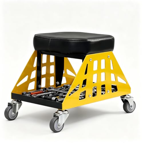 Rolling Shop Stool with Wheel for Garage Mechanic | Heavy Duty Rolling Shop Seat [400 LBS Capacity] Work Stool with Storage for Automotive Auto Repair/Detailing Stool/Salon - color: Yellow