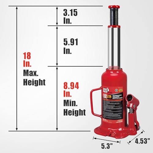 BIG RED 12 Ton (24,000 LBs) Torin Welded Hydraulic Car Bottle Jack for Auto Repair and House Lift, Red, TAM91203B