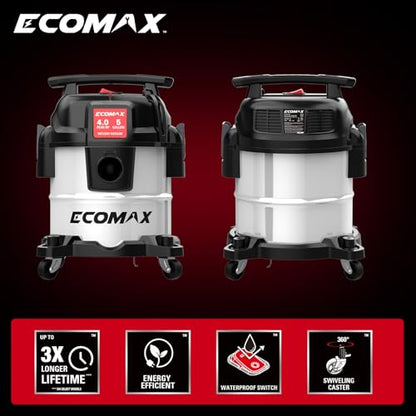 ECOMAX 5 Gallon Ultra Quiet Stainless Steel Shop Vacuum Wet and Dry | 4 Peak HP, 80% Quieter Operation, Durable Long Life Motor, Portable Vacuum for Garage, Workshop, Jobsite, Complete Accessory