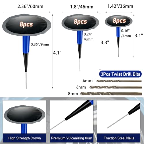 Tire Repair Patch Tool Kit Including 24pcs Tire Patch Plugs, Tungsten Buffing Wheel, Tire Patch Roller with 4mm Twist Drill Bits for Vehicle - size: Tire Repair Kit