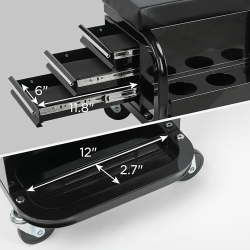 3-Drawer Rolling Mechanic Seat with Tool Chest, 350 lbs Weight Capacity, Reinforced Metal Powder-Coated Finish, Black, with Swivel Casters and Removable Storage Tray (Side drawer) - style: Side drawer