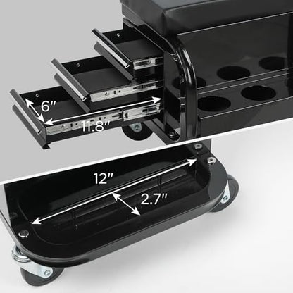 3-Drawer Rolling Mechanic Seat with Tool Chest, 350 lbs Weight Capacity, Reinforced Metal Powder-Coated Finish, Black, with Swivel Casters and Removable Storage Tray (Side drawer) - style: Side drawer