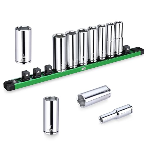 SK 1/2" Drive Socket Set, Deep SAE Sockets, 11-Piece 7/16" to 1-1/16" | SuperKrome Finish, Premium CR-V Steel, with Aluminum Socket Organizer - size: Deep, style: SAE