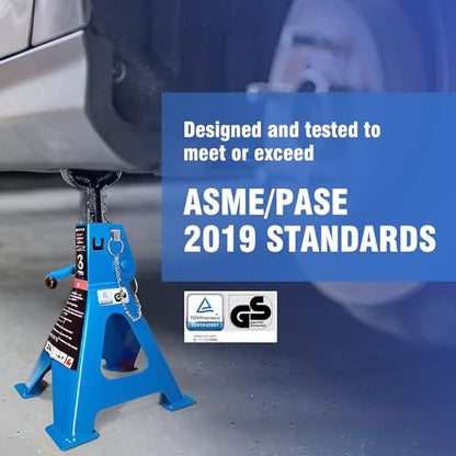 Car Jack Stands 3 Ton with Double Locking and Large Foot Base for Lifting Cars,SUVS,MPVS, Heavy Duty Steel, 6600 lb Capacity, 1 Pair, Blue - size: 3T+Wheel blocks