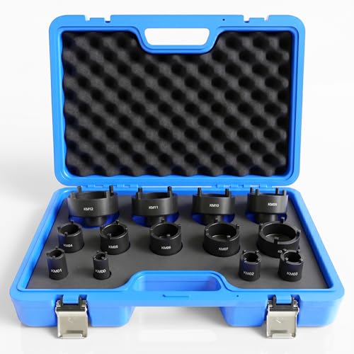 KJE 13PCS Spindle Nut Socket Set for Remove Ball Joints Axle Nut, Spanner Socket Set for KM Groove Nuts, 21.5mm-36mm-83.5mm, 4 Teeth Exterior with 1/2'' Drive, Compatible with GM, Ford, Dodge, GMC