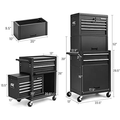 ERGOMASTER Rolling Tool Chest - Removable Top Box Large Bottom Cabinet with Casters and Lock System Tool-Box - Heighten 6-Drawer Black - color: Black, size: 6-Drawers