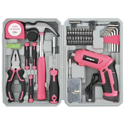Hi-Spec 42pc Pink 4V USB Electric Power Driver & Household Tool Kit. Cordless Power Screwdriver and Hand Tools in a Compact Box Case - color: Light Pink
