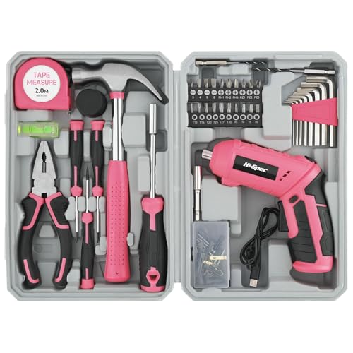 Hi-Spec 42pc Pink 4V USB Electric Power Driver & Household Tool Kit. Cordless Power Screwdriver and Hand Tools in a Compact Box Case - color: Light Pink