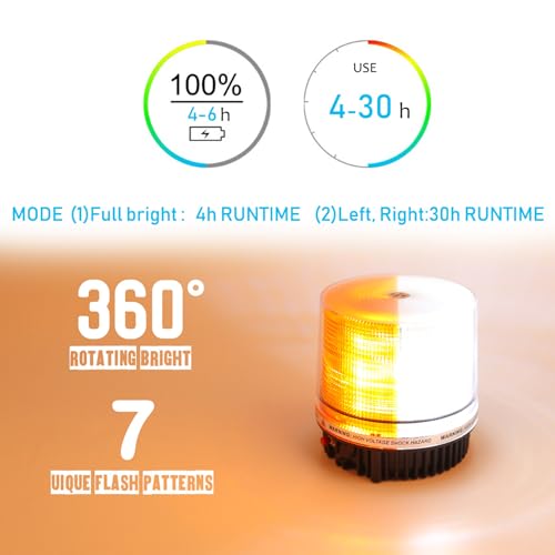 LED Wireless Rotating Beacon Battery Strobe Warning Light Amber White | Hazard Flash Emergency Safety Roof Top Lights Magnetic Base Mount and Rechargeable Portable For Plow Tractor UTV Golf Cart - color: Amber/White