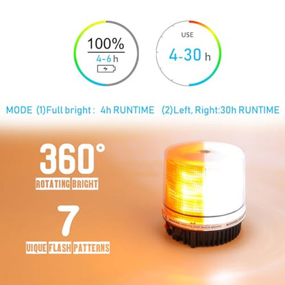 LED Wireless Rotating Beacon Battery Strobe Warning Light Amber White | Hazard Flash Emergency Safety Roof Top Lights Magnetic Base Mount and Rechargeable Portable For Plow Tractor UTV Golf Cart - color: Amber/White